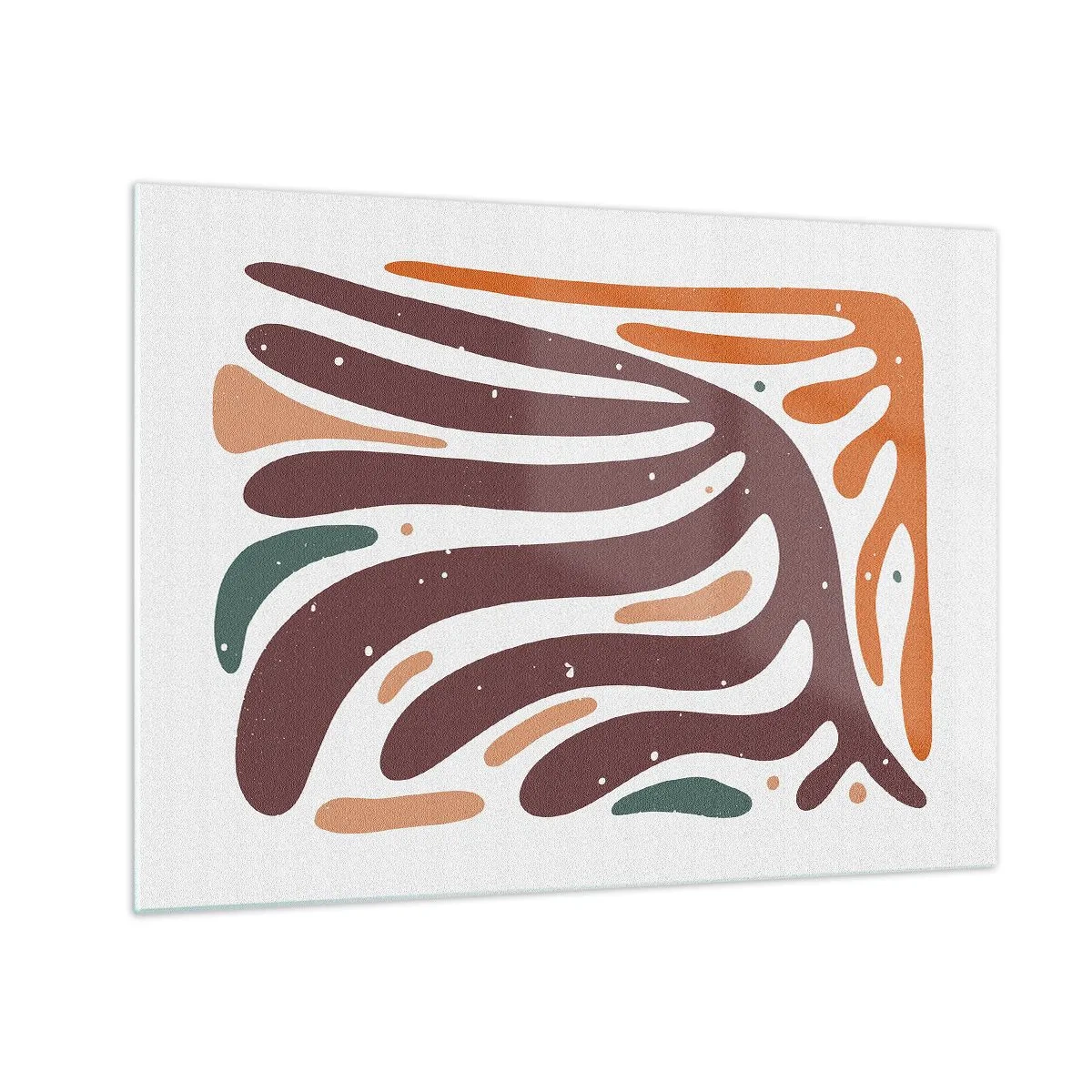 Billede på glas - Abstrakte former i brune og orange farver, der stråler ud på en hvid baggrund - 70x50cm - Strålende organisk komposition - Moderne vægdekoration til stue og soveværelse ARTTOR