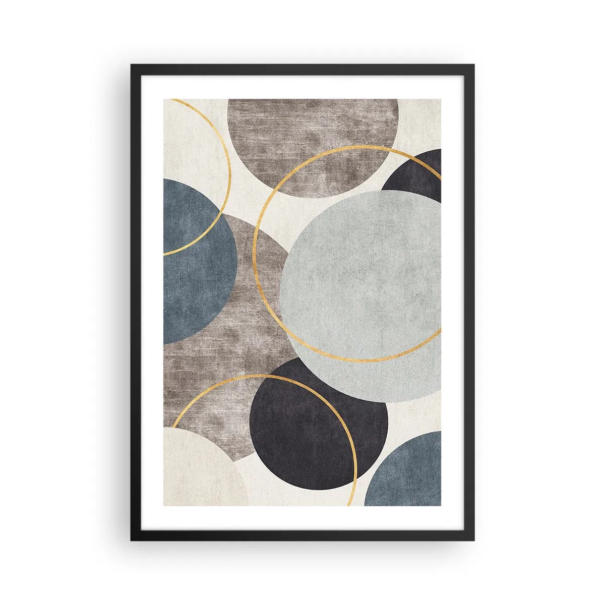 Plakat i sort ramme - Abstrakt geometrisk komposition med cirkler i blå nuancer. - 50x70cm - Hjul efter hjul - Moderne vægdekoration til stue og soveværelse ARTTOR