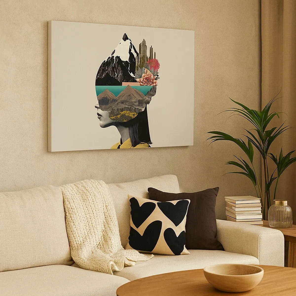 Lærredstryk - Billede på lærred - Collage af en kvinde med et bjerglandskab og blomster - 70x50cm - Kvinden - altid et mysterium - Moderne vægdekoration til stue og soveværelse ARTTOR