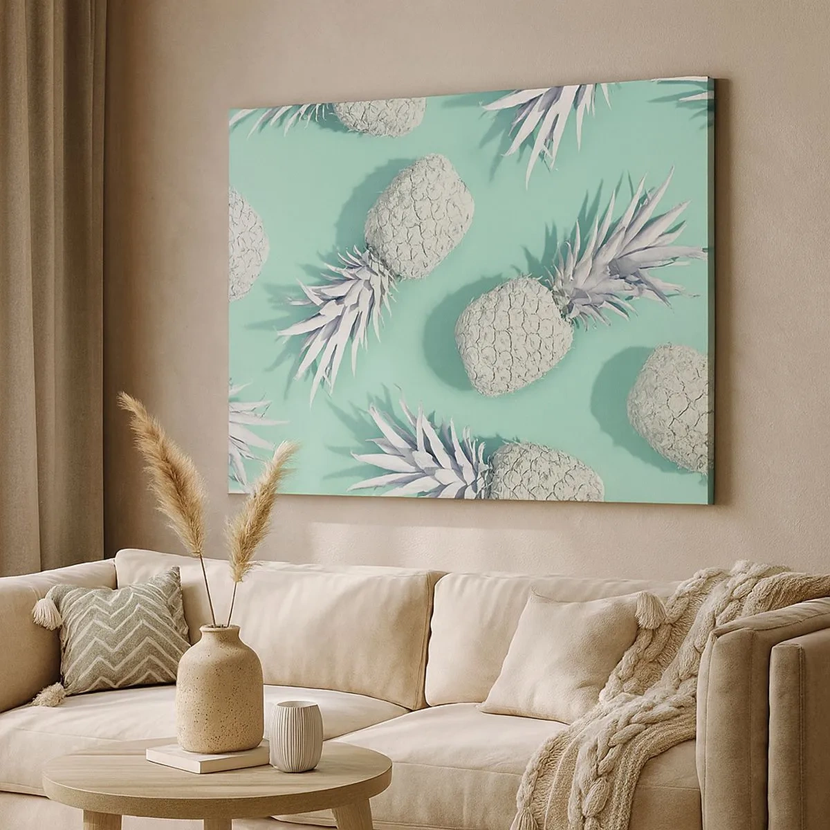 Lærredstryk - Billede på lærred - Hvide ananaser på en pastelbaggrund i minimalistisk stil - 70x50cm - passer godt sammen med mynte - Moderne vægdekoration til stue og soveværelse ARTTOR