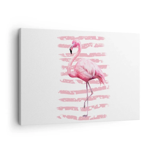 Lærredstryk - Billede på lærred - Flamingo på en lyserød baggrund i minimalistisk stil - 70x50cm - Med værdighed, om end i pink - Moderne vægdekoration til stue og soveværelse ARTTOR