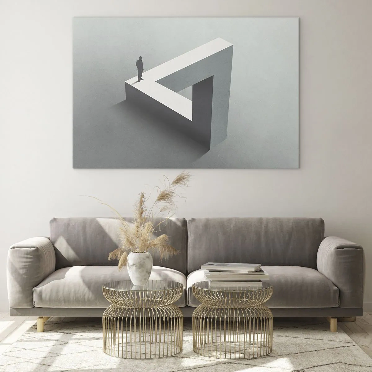 Billede på glas - En figur på en geometrisk struktur i stil med en optisk illusion - 70x50cm - Og dog er det muligt - Moderne vægdekoration til stue og soveværelse ARTTOR