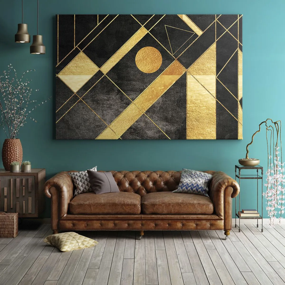 Lærredstryk - Billede på lærred - Geometriske former i guld- og sorte toner - 70x50cm - Ørkenens sol - Moderne vægdekoration til stue og soveværelse ARTTOR