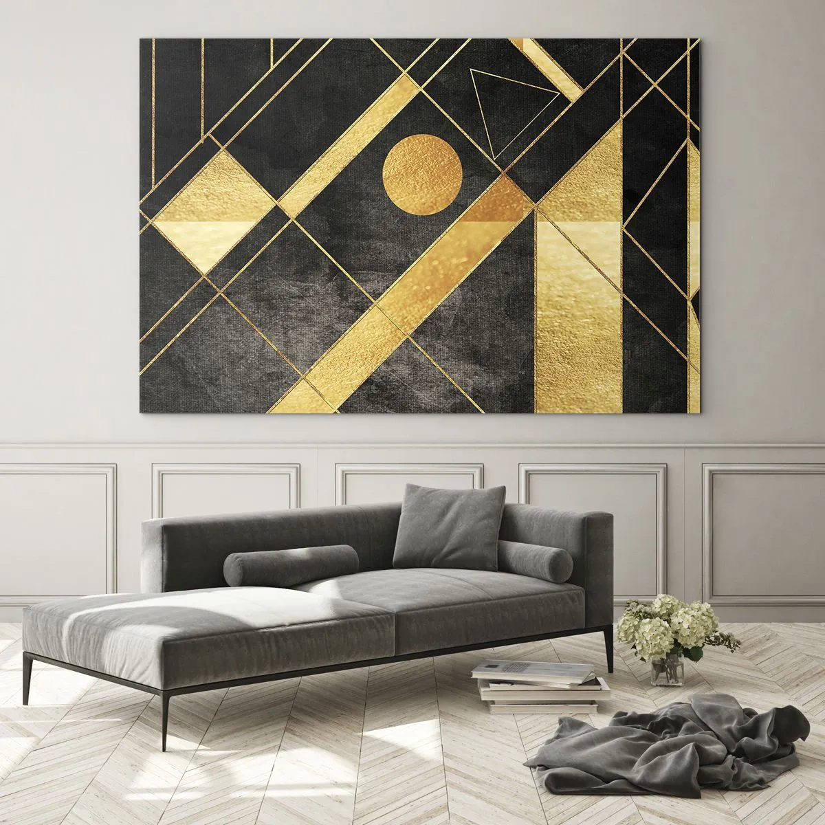 Billede på glas - Gyldne geometriske mønstre på en sort baggrund - 70x50cm - Ørkenens sol - Moderne vægdekoration til stue og soveværelse ARTTOR