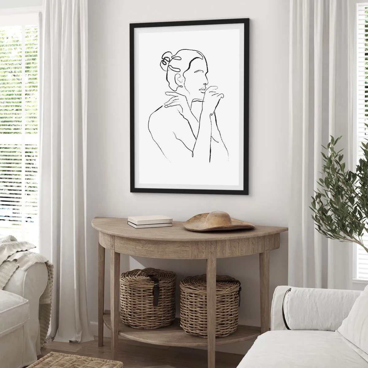 Plakat i sort ramme - Minimalistisk linje af en kvindelig silhuet på en hvid baggrund - 50x70cm - Nøgen: et sensuelt mysterium - Moderne vægdekoration til stue og soveværelse ARTTOR