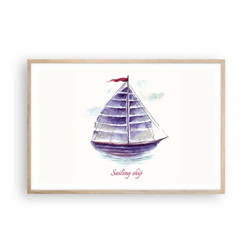 Plakat i ramme af lyst egetræ - Fulde sejl og roligt vand - 91x61 cm
