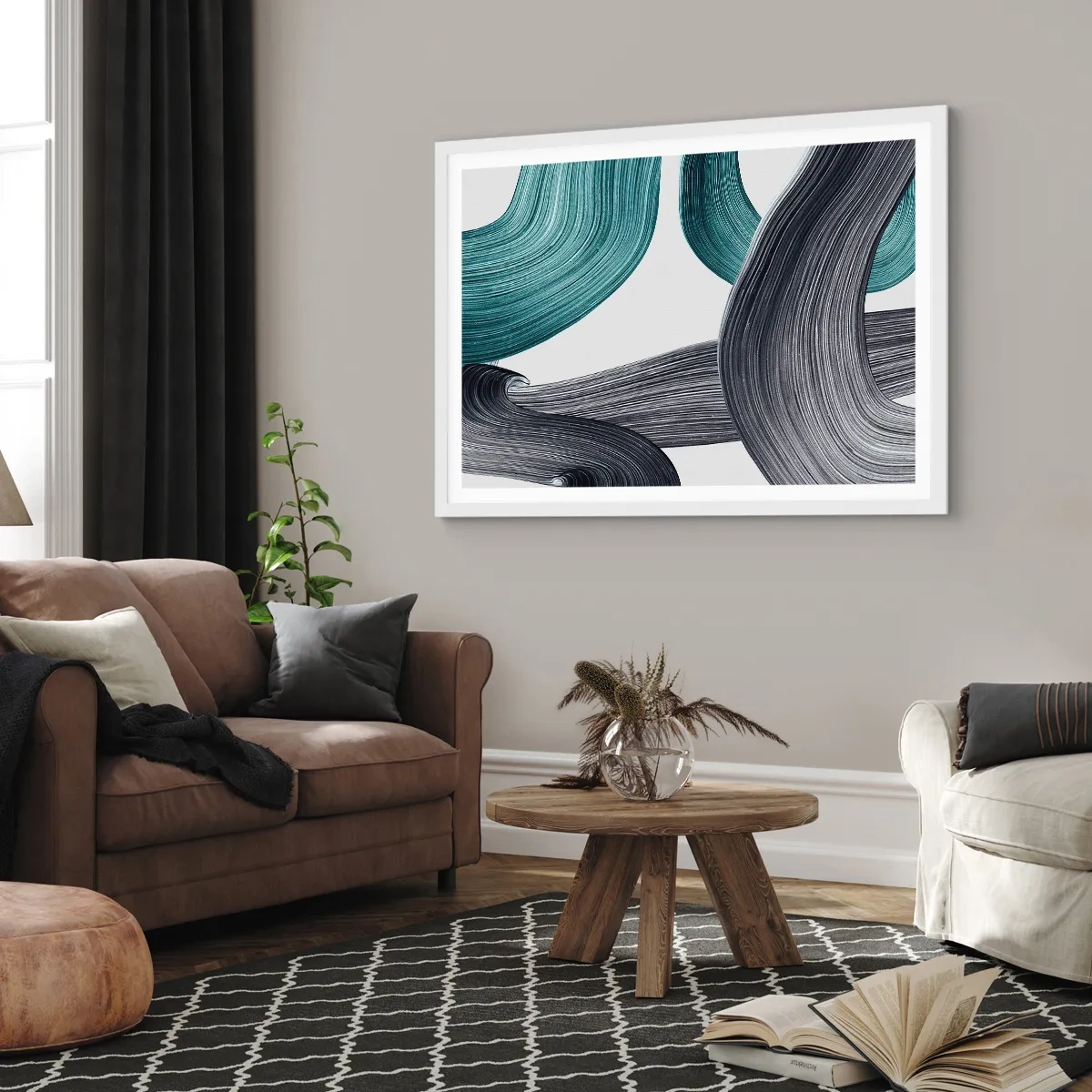 Plakat i hvid ramme - Smaragdgrønne og sorte stier - 40x30 cm