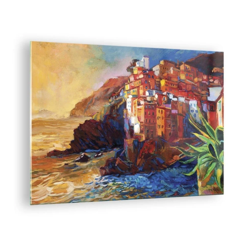 Billede på glas - En farverig by på en klippe med udsigt over havet - 70x50cm - Italiensk atmosfære - Moderne vægdekoration til stue og soveværelse ARTTOR