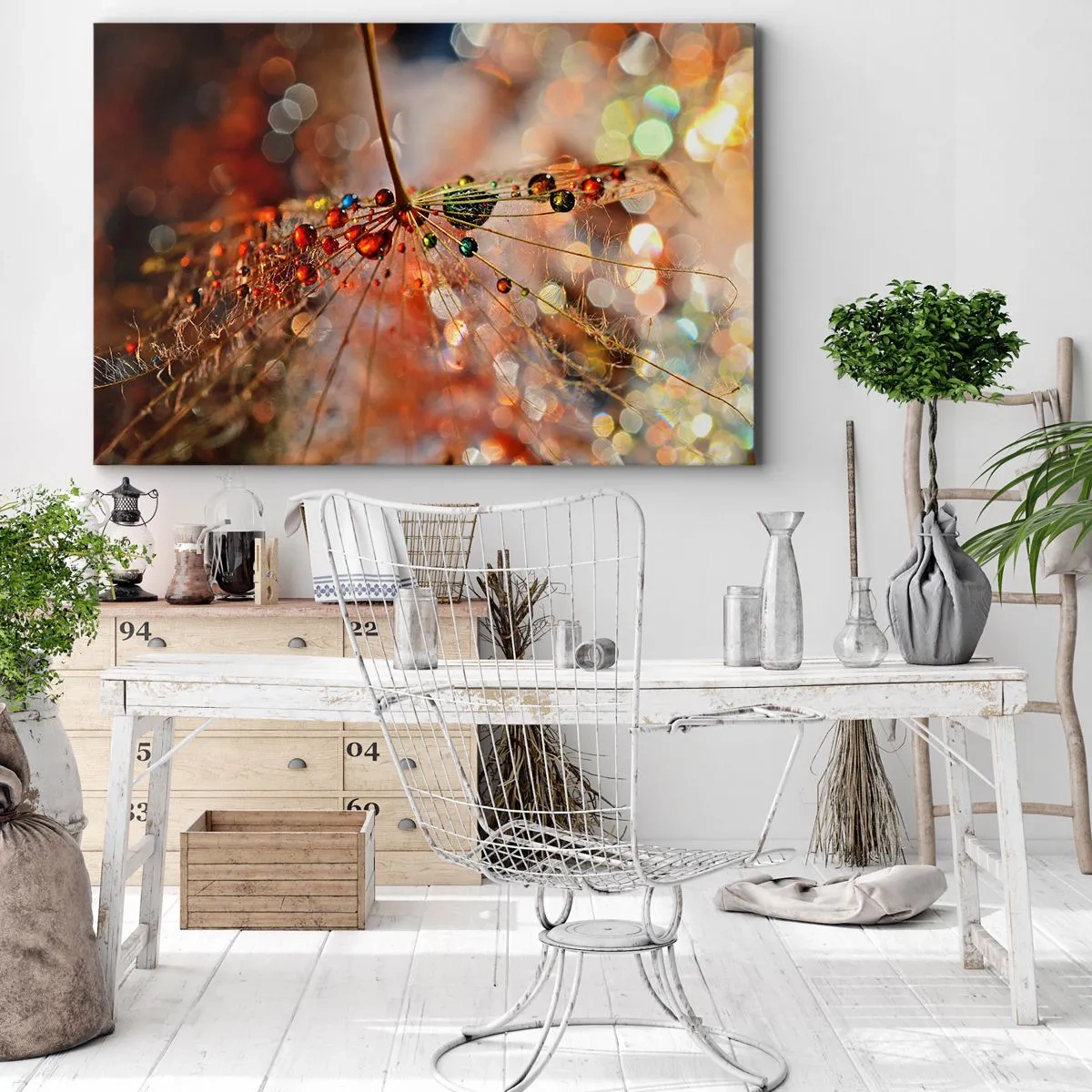 Lærredstryk - Billede på lærred - Makrofotografi af en vanddråbe på en sart plante - 70x50cm - Trådet på et edderkoppespind - Moderne vægdekoration til stue og soveværelse ARTTOR