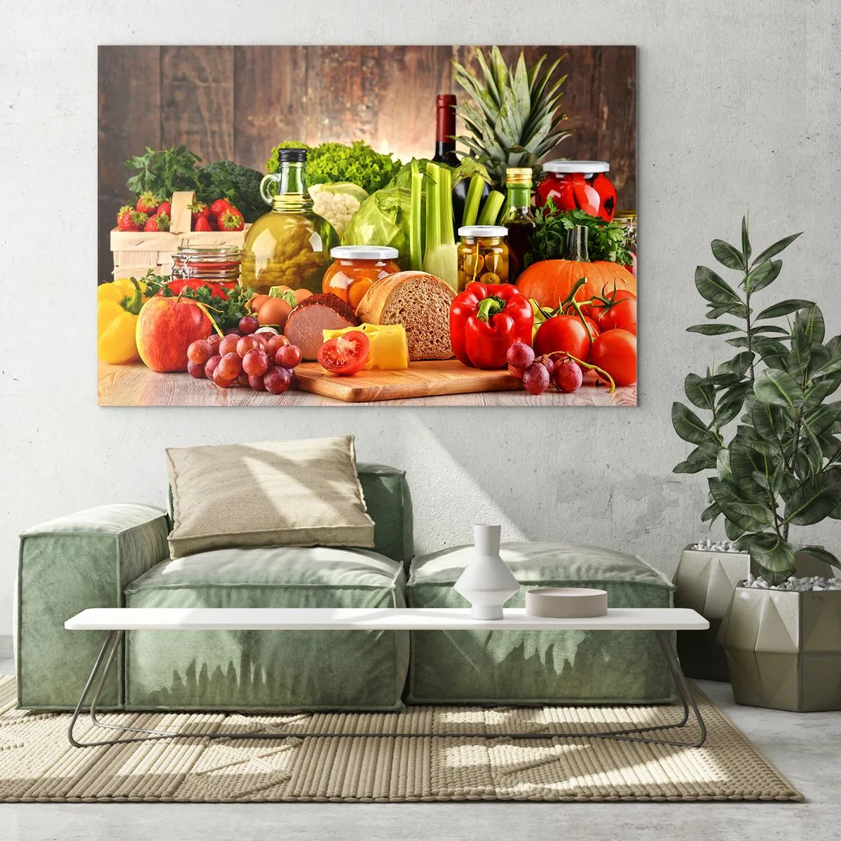 Billede på glas - Farverige grøntsager, frugter, brød og syltetøj på en træbaggrund - 70x50cm - Røget, ristet, marineret - Moderne vægdekoration til stue og soveværelse ARTTOR