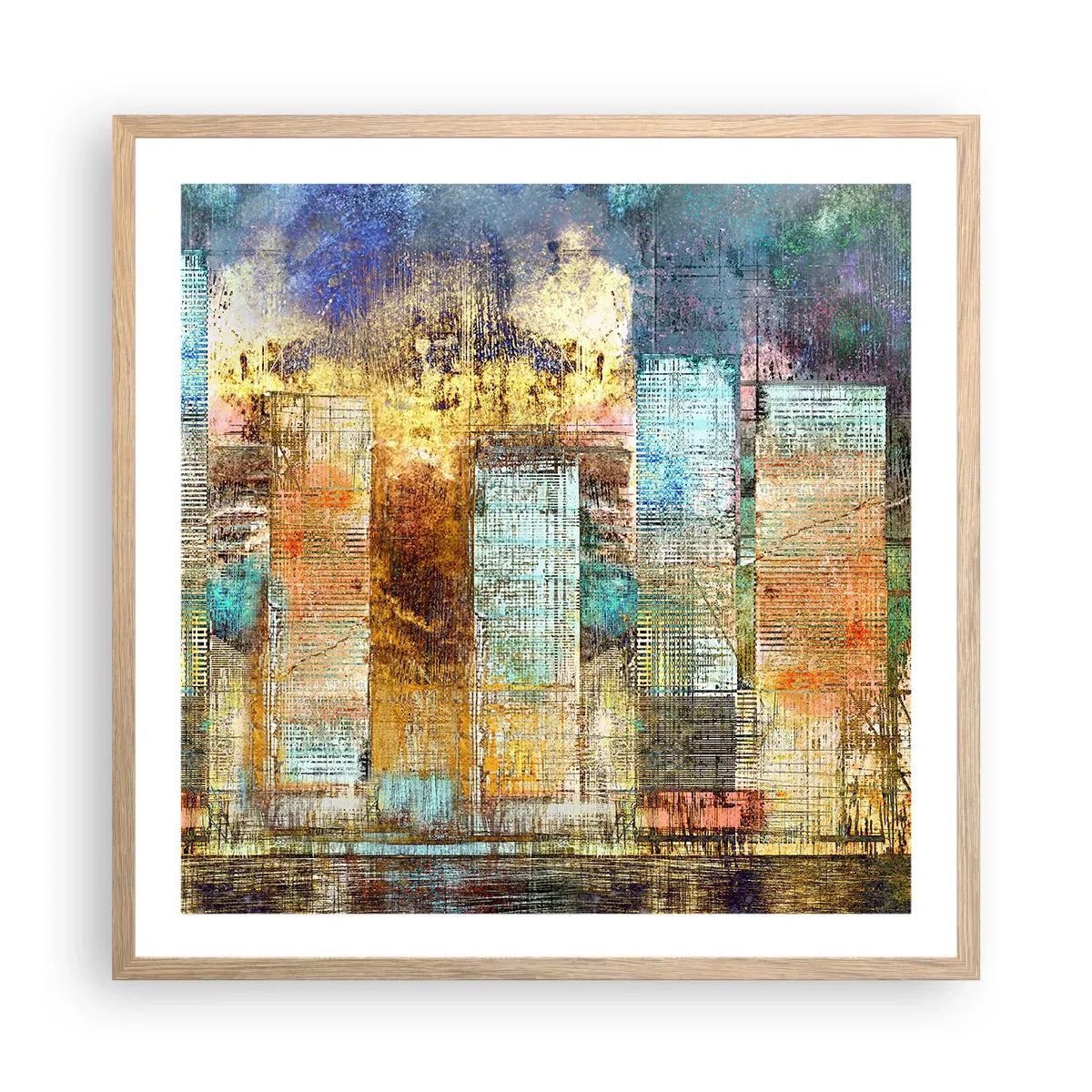 Plakat i ramme af lyst egetræ - Solrig metropol - 60x60 cm