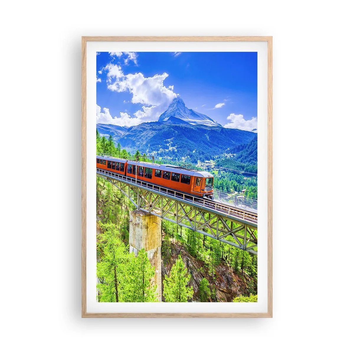 Plakat i ramme af lyst egetræ - Jernbane til Alperne - 61x91 cm