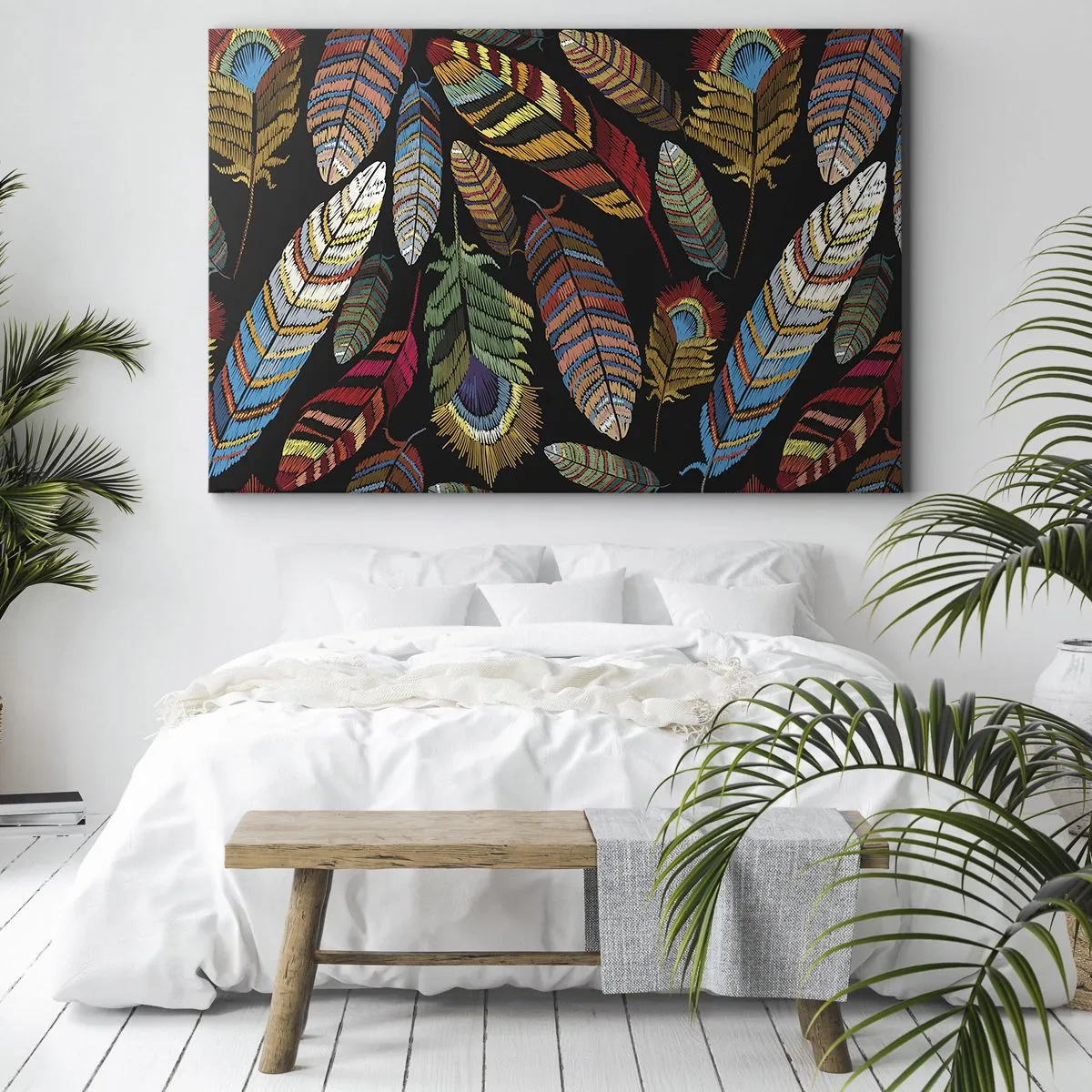 Lærredstryk - Billede på lærred - Farverige fjer på en sort baggrund - 70x50cm - Fuglekarneval - Moderne vægdekoration til stue og soveværelse ARTTOR