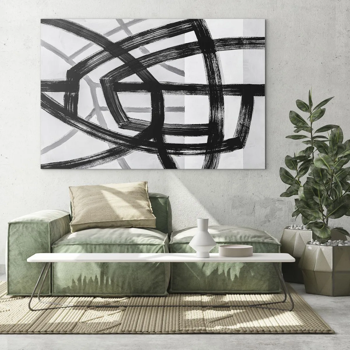 Billede på glas - Sorte og grå penselstrøg skaber et dynamisk netværk af linjer. - 70x50cm - Opbygning af dybde - Moderne vægdekoration til stue og soveværelse ARTTOR
