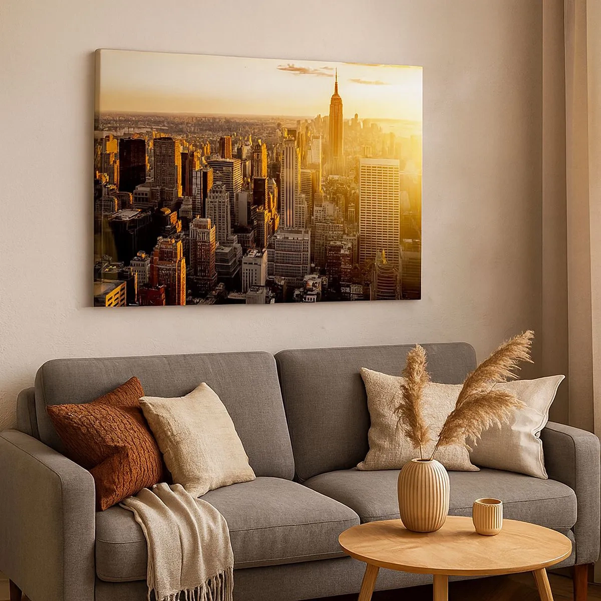 Lærredstryk - Billede på lærred - New York Citys skyline ved solnedgang med udsigt over Empire State Building - 70x50cm - At vokse i solen - Moderne vægdekoration til stue og soveværelse ARTTOR