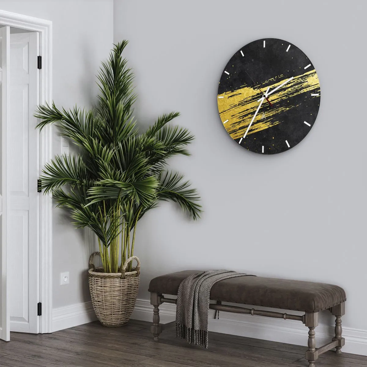 Vægur, Uret - Gylden dynamisk penselstrøg på sort baggrund - 30x30cm - Hop ind i hyperrummet - Moderne vægdekoration til stue, køkken og soveværelse ARTTOR