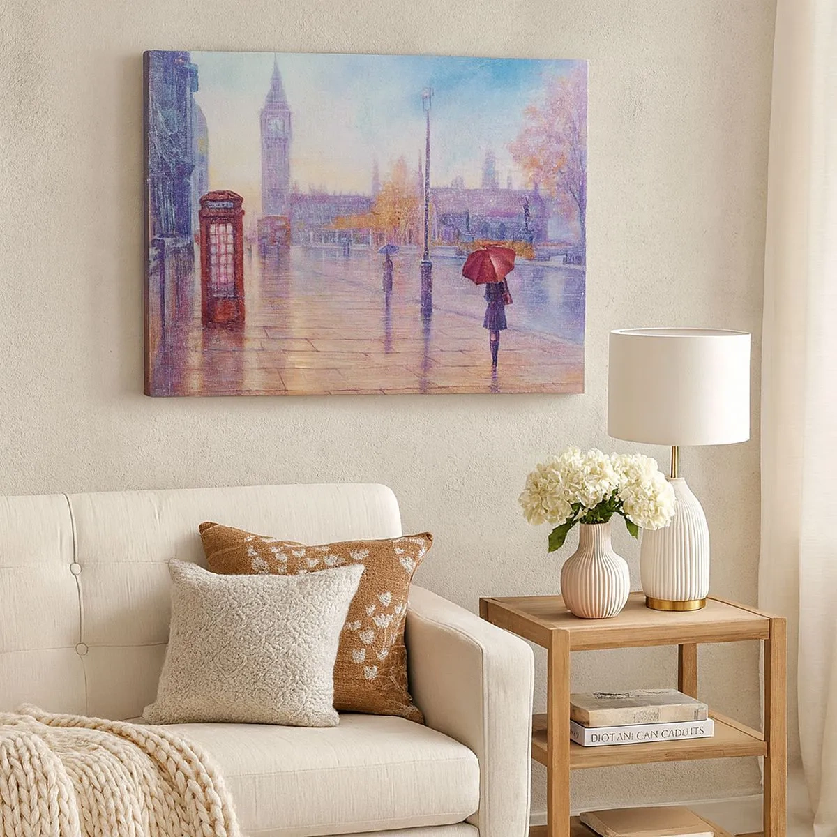 Lærredstryk - Billede på lærred - Londons gade med Big Ben på en regnvejrsdag - 70x50cm - En efterårsdag i London - Moderne vægdekoration til stue og soveværelse ARTTOR