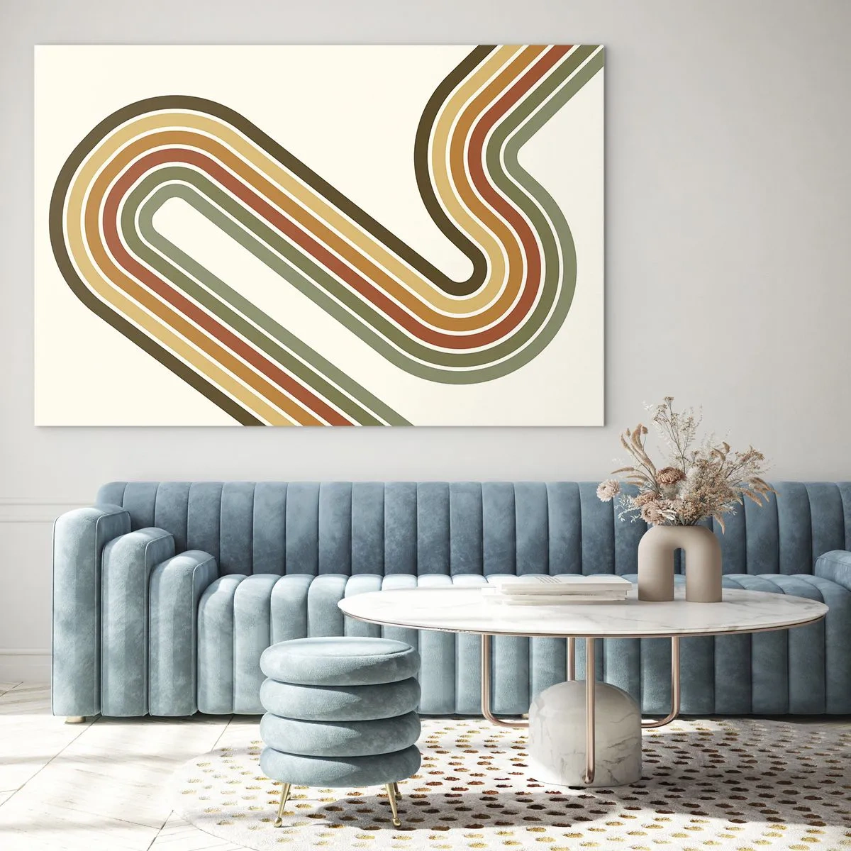 Billede på glas - Geometrisk abstraktion i retrostil med bølgede linjer - 70x50cm - Zigzag til destinationen - Moderne vægdekoration til stue og soveværelse ARTTOR