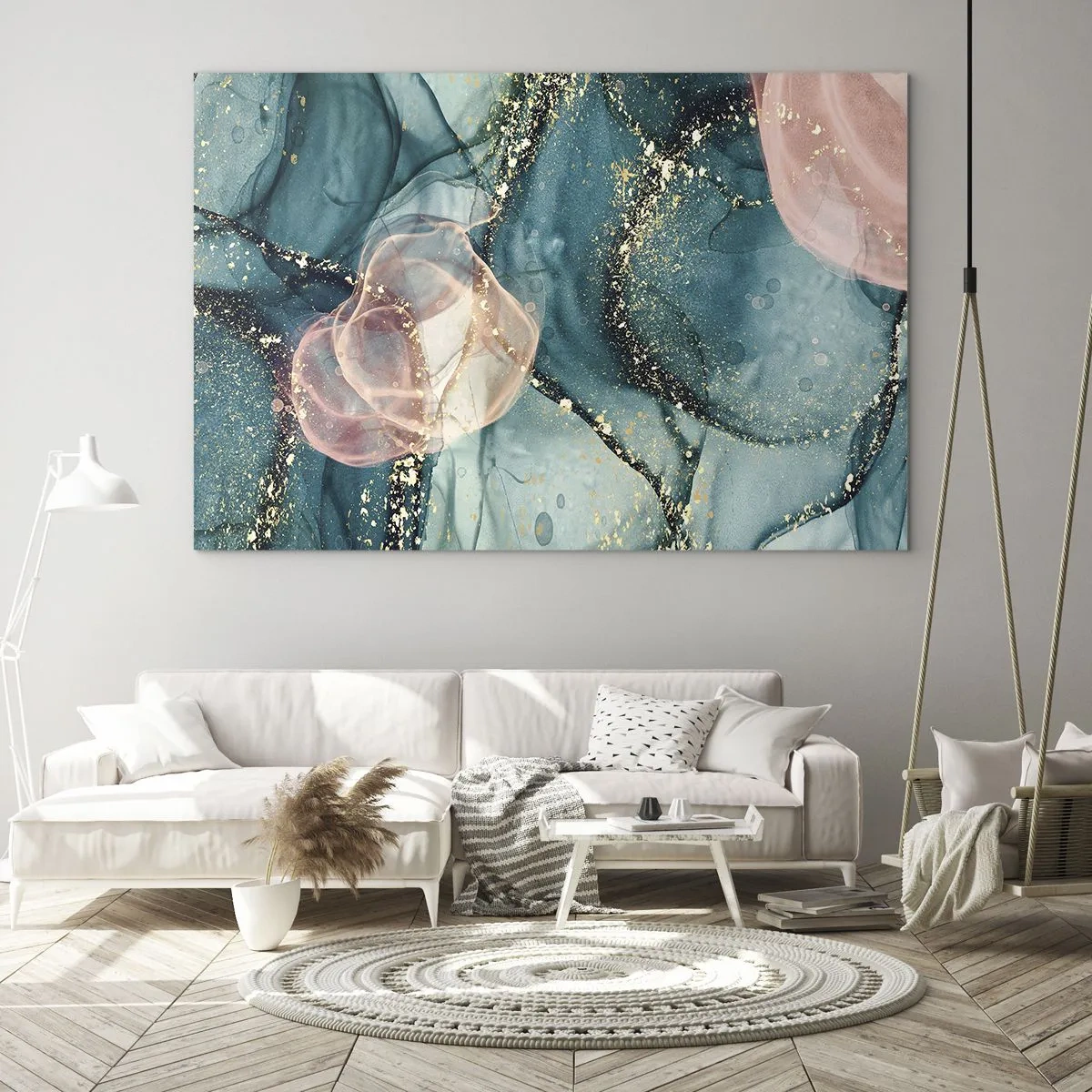 Billede på glas - Silkeblå, tyl lyserød - 100x70 cm
