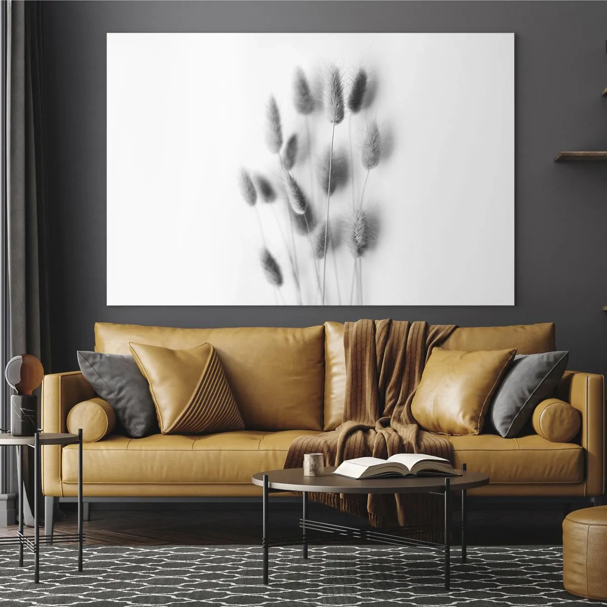 Billede på glas - Sorte og hvide græsører på en lys baggrund i minimalistisk stil - 70x50cm - Dens bløde græs - Moderne vægdekoration til stue og soveværelse ARTTOR