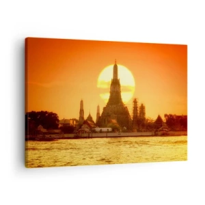 Lærredstryk - Billede på lærred - Solnedgang over templet med spejling i vandet - 70x50cm - Mod solen, altid mod solen - Moderne vægdekoration til stue og soveværelse ARTTOR