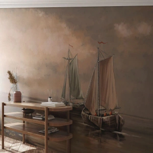 Fototapet Selvklæbende Deluxe Sticker - Sømændenes tilbagevenden - Landskab, Fiskebåd, Natur - 250x175 cm