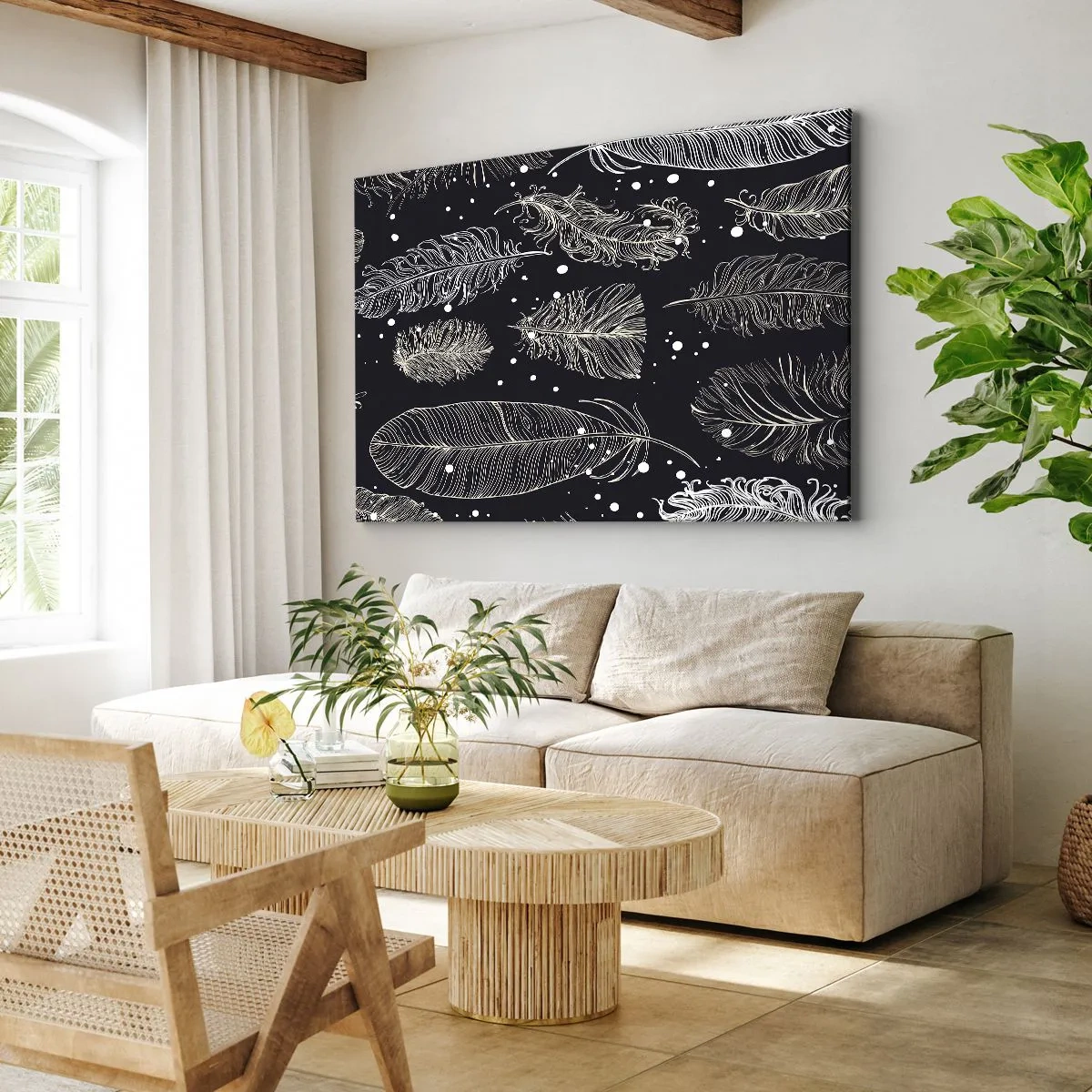 Lærredstryk - Billede på lærred - Fine hvide fjer på en marineblå baggrund - 70x50cm - Fjerede blonder - Moderne vægdekoration til stue og soveværelse ARTTOR