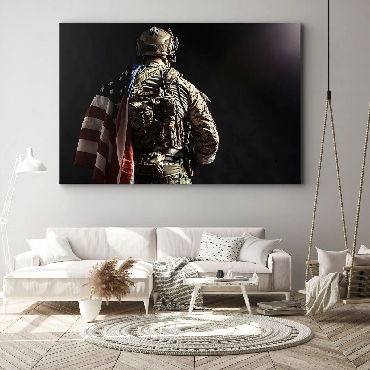 Lærredstryk - Billede på lærred - En soldat i uniform med et flag mod en mørk baggrund - 70x50cm - Det er grunden til, at - Moderne vægdekoration til stue og soveværelse ARTTOR