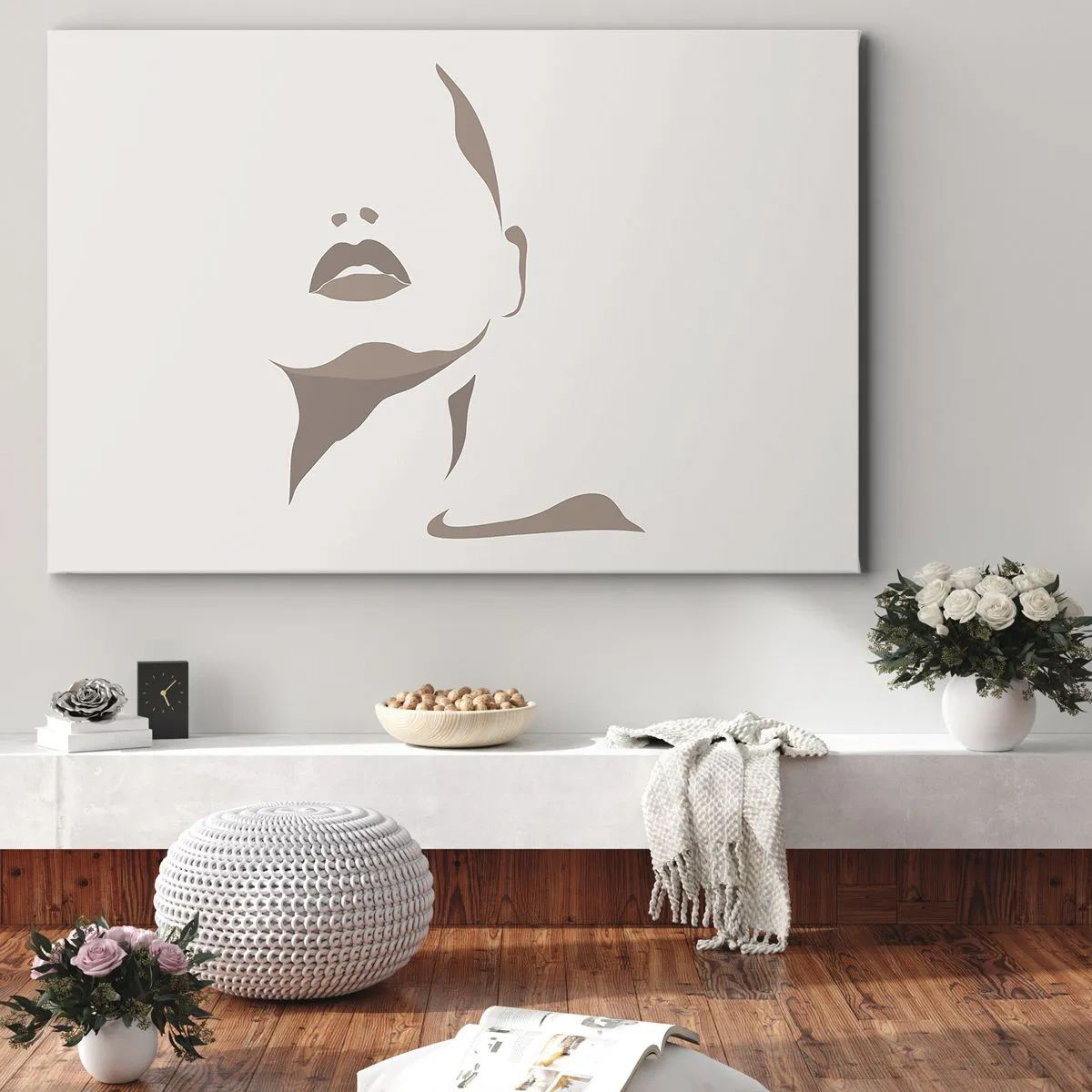 Lærredstryk - Billede på lærred - Minimalistisk kontur af en kvindes ansigt i sarte beige toner - 70x50cm - Skabt af lys og skygge - Moderne vægdekoration til stue og soveværelse ARTTOR