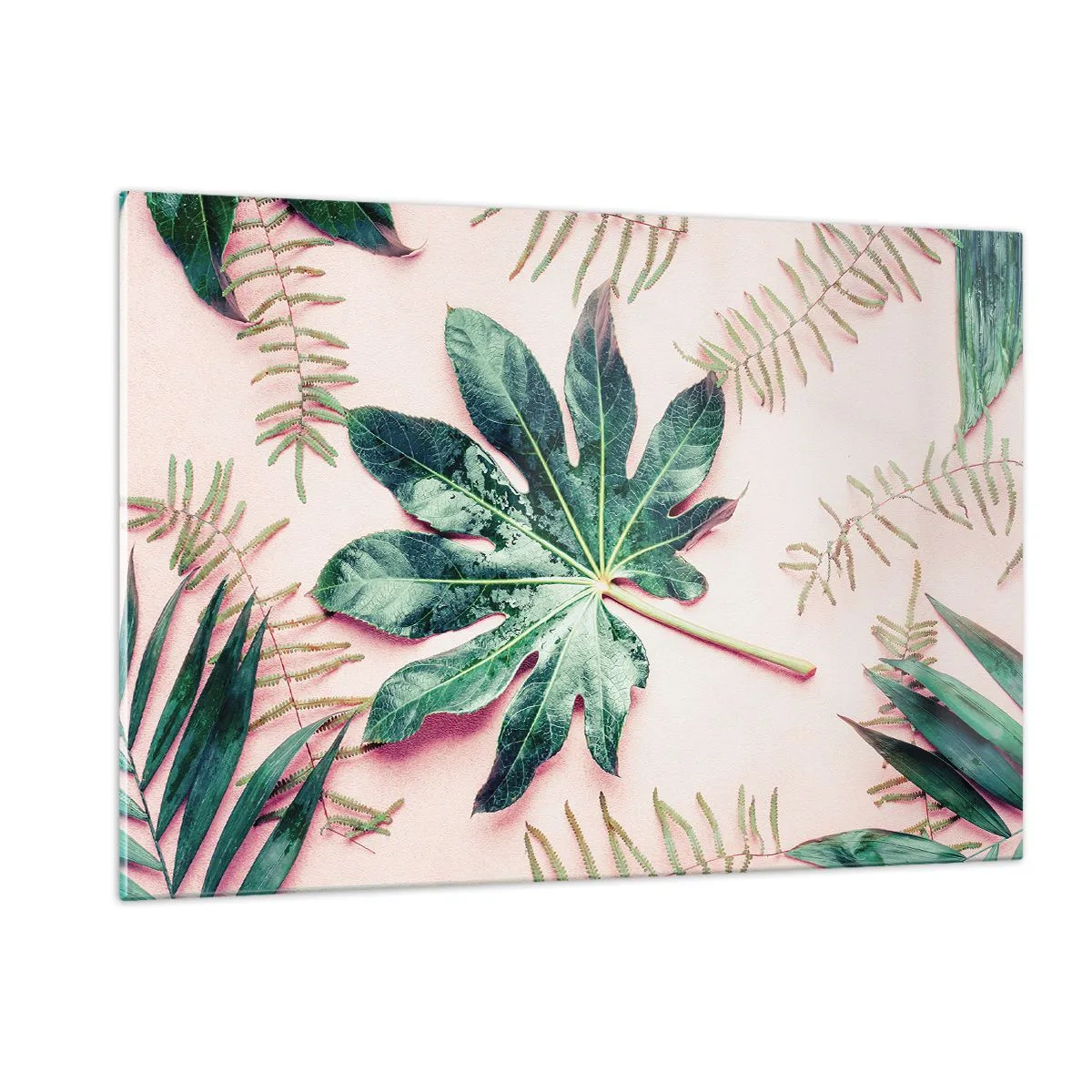 Billede på glas - En undersøgelse af grønt på en lyserød baggrund - 120x80 cm