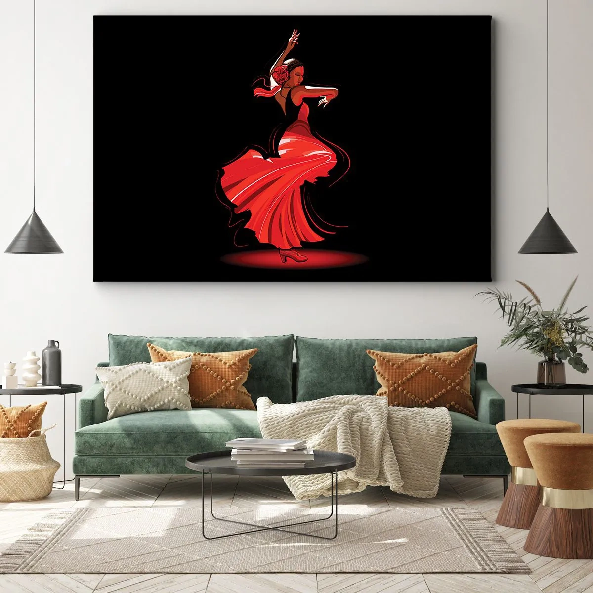 Lærredstryk - Billede på lærred - Flamencodanser i en rød kjole mod en sort baggrund - 70x50cm - Flamencoens brændende ånd - Moderne vægdekoration til stue og soveværelse ARTTOR
