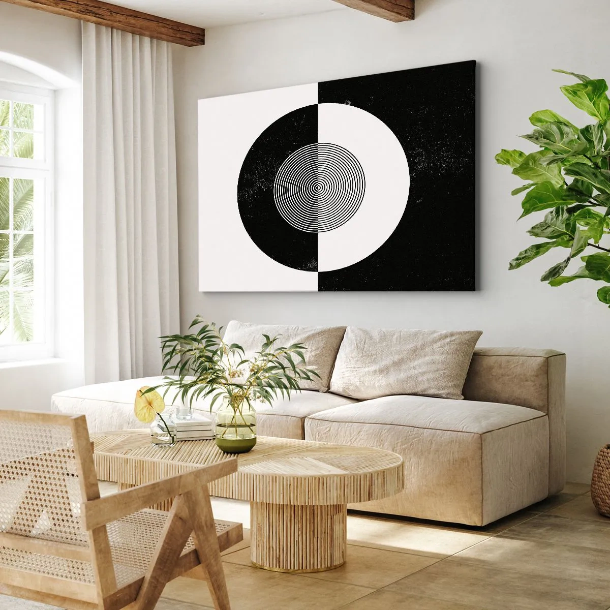 Lærredstryk - Billede på lærred - Grafisk mønster i kontrasterende sort og hvid - 70x50cm - Harmoni i sort og hvidt - Moderne vægdekoration til stue og soveværelse ARTTOR