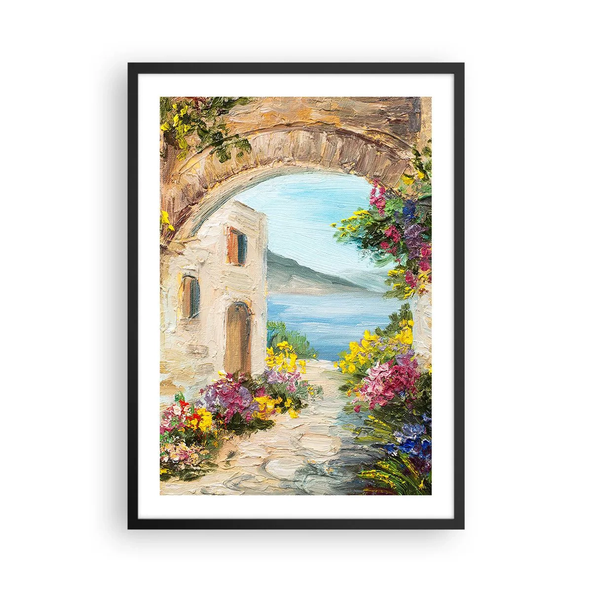 Plakat i sort ramme - Stenbue med udsigt over havet - 50x70cm - Charmen af kystlandskabet - Moderne vægdekoration til stue og soveværelse ARTTOR