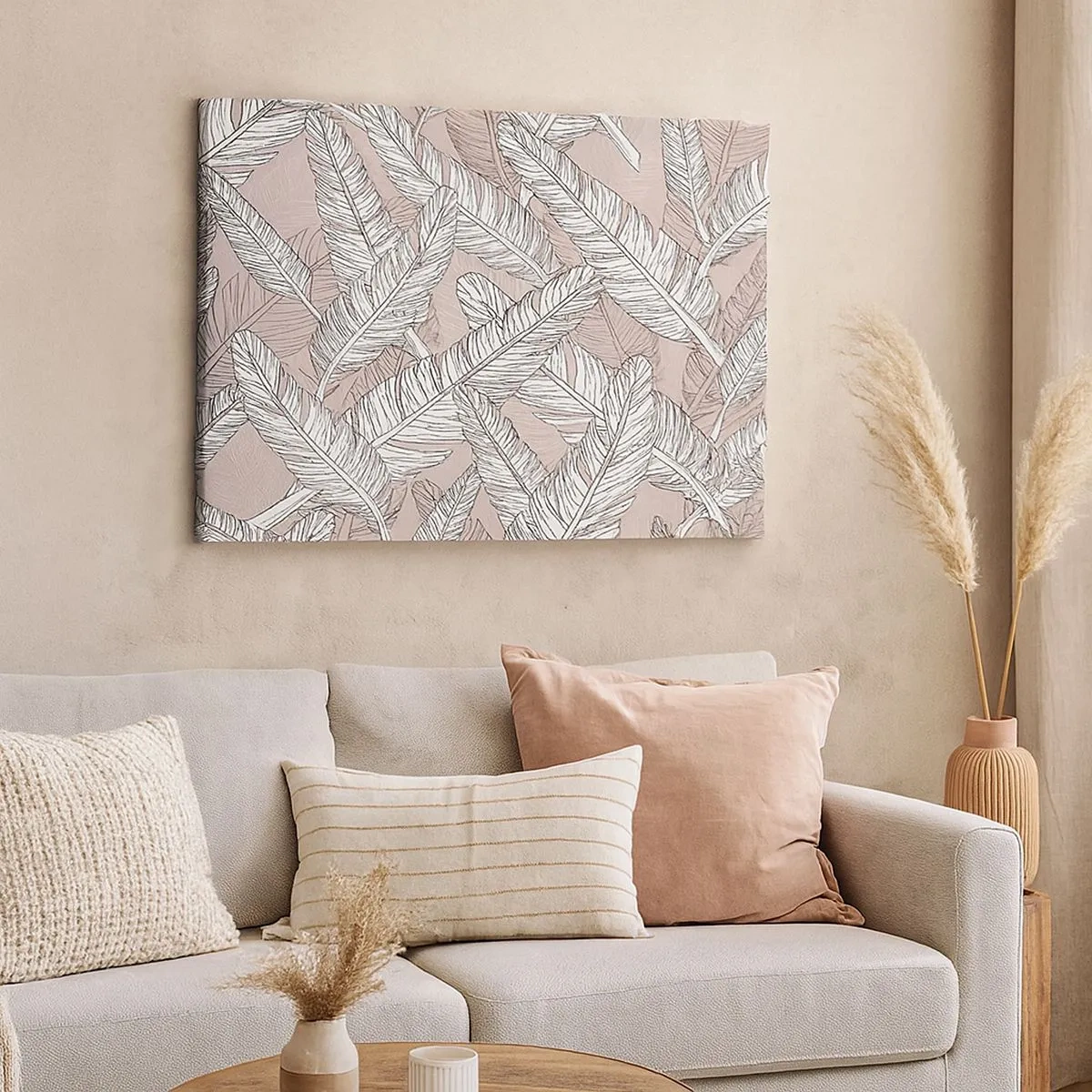 Lærredstryk - Billede på lærred - Sort og hvidt mønster med bananblade på en lys baggrund - 70x50cm - Fjerlig uro - Moderne vægdekoration til stue og soveværelse ARTTOR