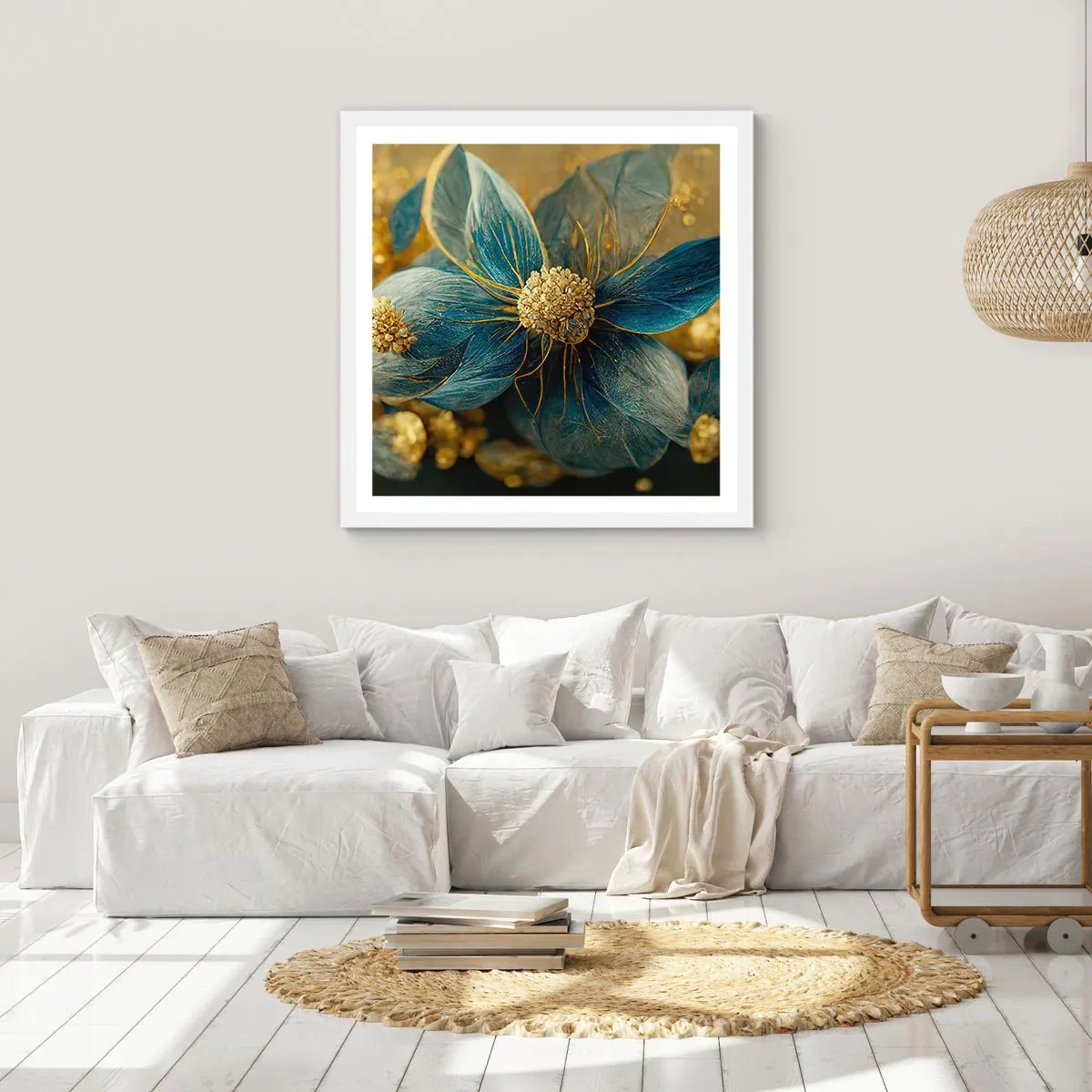 Plakat i hvid ramme - Blomstre med guld - 60x60 cm