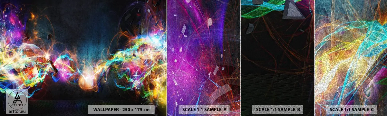 Prøve Fototapet Premium Sand - Glædeligt imod mørket - Abstraktion, Stykke, Eksplosion - 100x30 cm