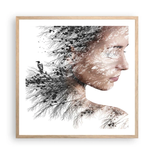 Plakat i ramme af lyst egetræ - Skovens ånd - 60x60 cm