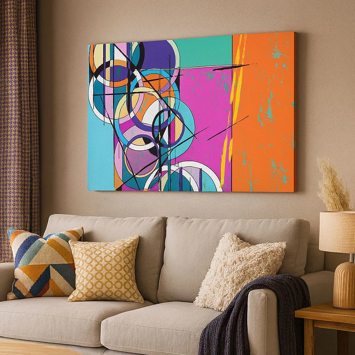 Lærredstryk - Billede på lærred - Farverig abstraktion med geometriske cirkler - 70x50cm - Hjul for hjul - Moderne vægdekoration til stue og soveværelse ARTTOR