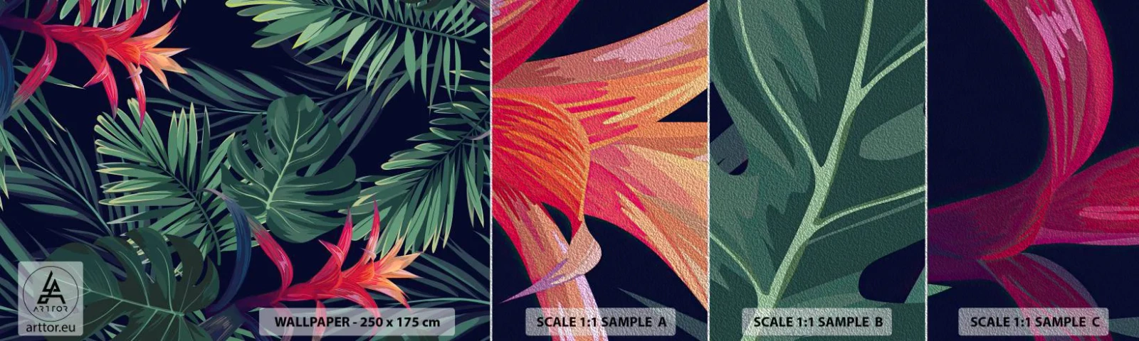 Prøve Fototapet Premium Sand - Brænd i grønt - Blomster, Tropisk plante, Palmeblade - 100x30 cm