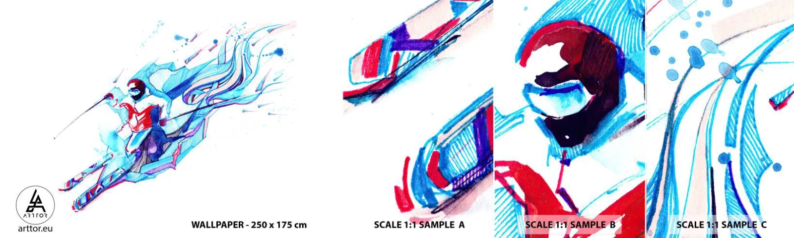 Fototapet Prøve Standard Eco - Den vanvittige jagt på glæde - Abstraktion, Ski, Skiløber - 100x30 cm