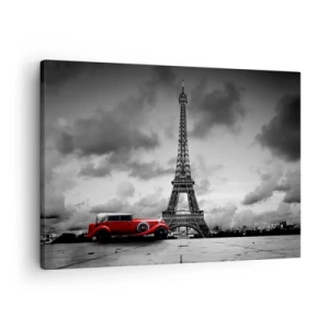 Lærredstryk - Billede på lærred - Rød retrobil foran Eiffeltårnet i sort og hvid - 70x50cm - For ikke så længe siden i Paris - Moderne vægdekoration til stue og soveværelse ARTTOR