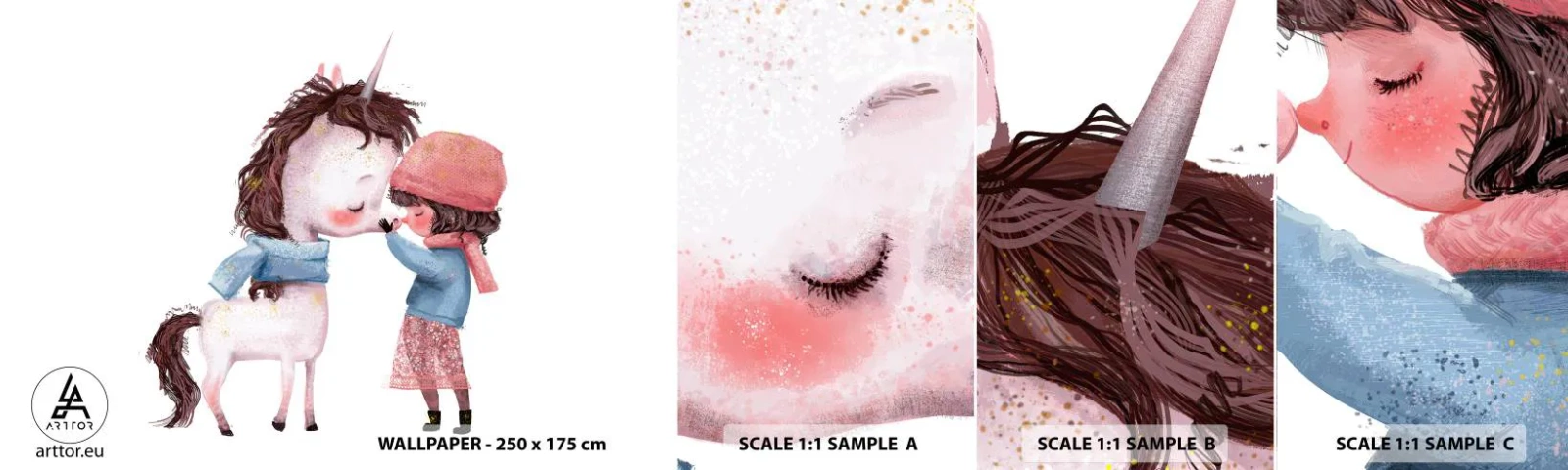 Prøve Fototapet Selvklæbende Deluxe Sticker - En vinterhistorie - For børn, enhjørning, Pige - 100x30 cm