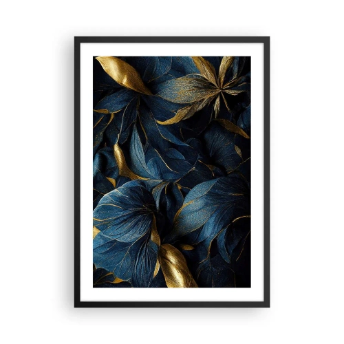 Plakat i sort ramme - Gyldne blade mod en dyb marineblå baggrund - 50x70cm - Foret med guld - Moderne vægdekoration til stue og soveværelse ARTTOR
