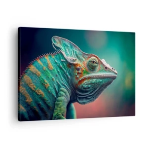 Lærredstryk - Billede på lærred - Nærbillede af en kamæleon i intense farver - 70x50cm - Kan du se mig? Ikke godt... - Moderne vægdekoration til stue og soveværelse ARTTOR