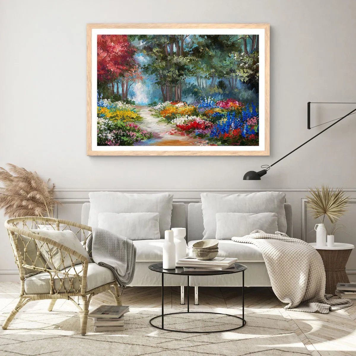 Plakat i ramme af lyst egetræ - Skovhave, blomsterskov - 100x70 cm