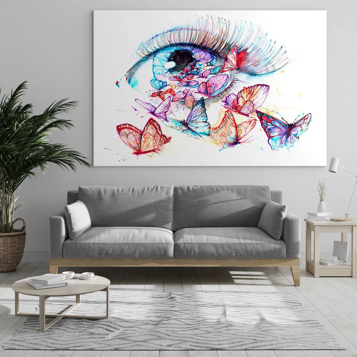 Billede på glas - En kvindes øje omgivet af farverige akvarel sommerfugle - 70x50cm - Eventyrlige øjne - Moderne vægdekoration til stue og soveværelse ARTTOR