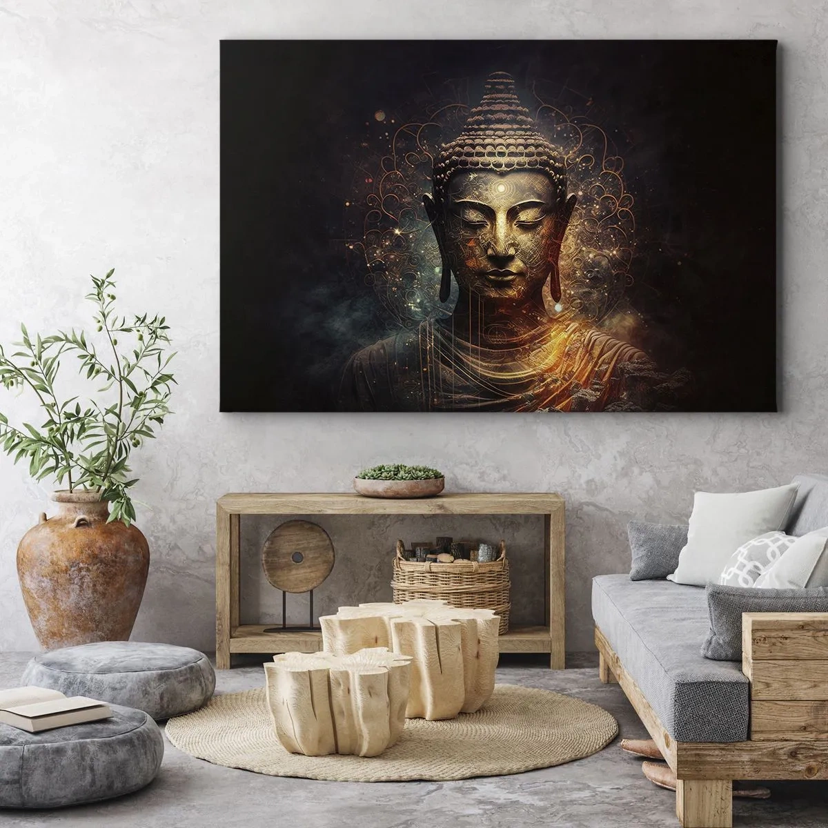 Lærredstryk - Billede på lærred - Gylden Buddha på en mørk baggrund med ornamenter - 70x50cm - Åndelig balance - Moderne vægdekoration til stue og soveværelse ARTTOR