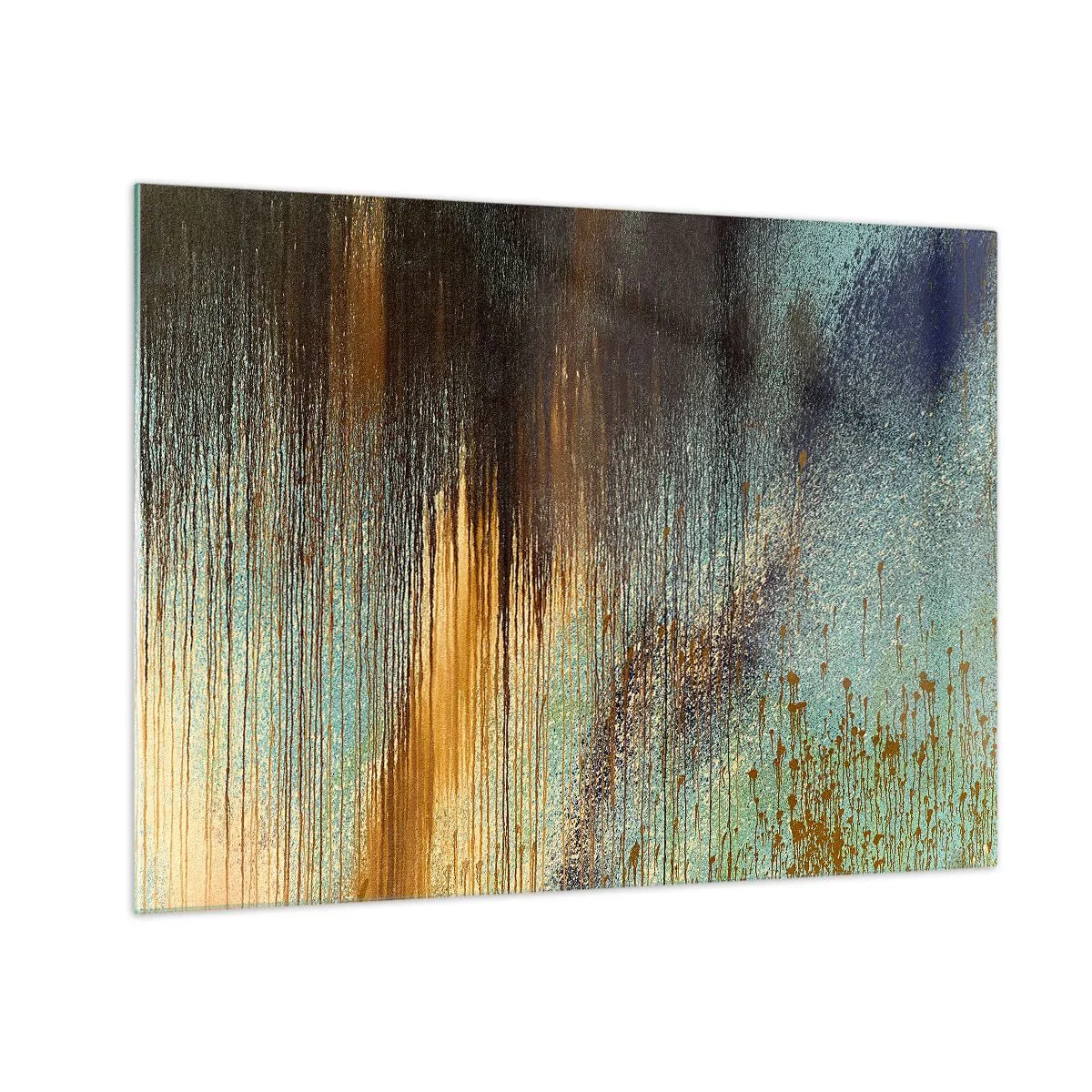 Billede på glas - Abstrakte linjer og pletter i guld, blå og sort - 70x50cm - En utilsigtet farverig komposition - Moderne vægdekoration til stue og soveværelse ARTTOR