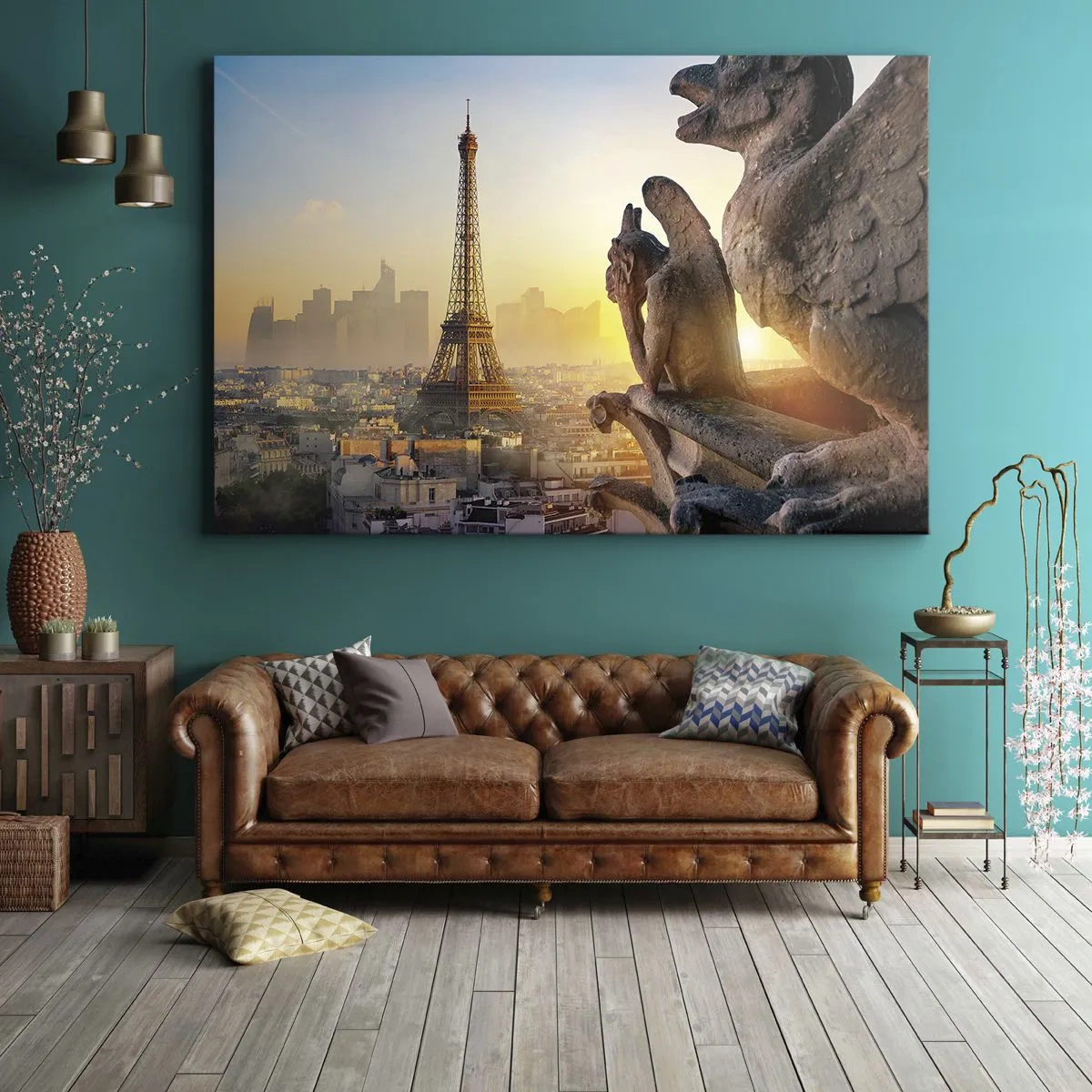 Lærredstryk - Billede på lærred - Udsigt over Eiffeltårnet med gargoyler i baggrunden - 70x50cm - Meget har ændret sig... - Moderne vægdekoration til stue og soveværelse ARTTOR