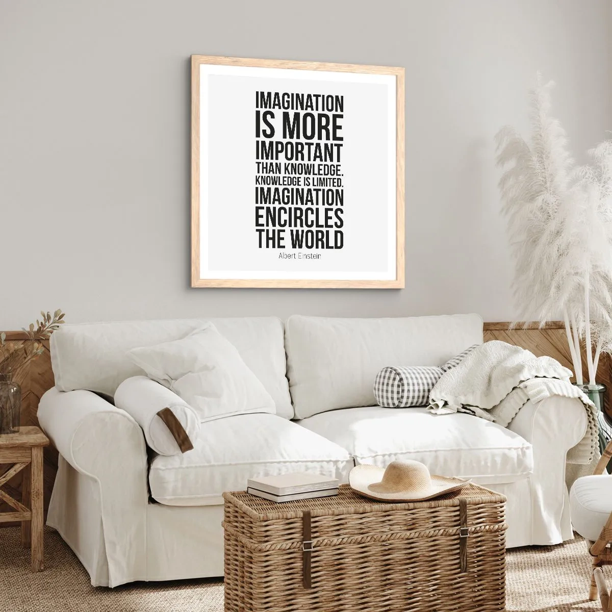Plakat i ramme af lyst egetræ - Einstein om fantasiens kraft - 60x60 cm